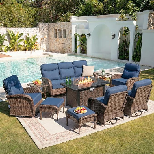 Belord Upgraded 6“ Cushion Luxury 10 Piece Patio Furniture Set with Fire Pit Table - Outdoor Couch & High Back Swivel Rocker Patio Chairs, Wicker Outdoor Furniture for Deck Porch Yard - Brown/Blue
