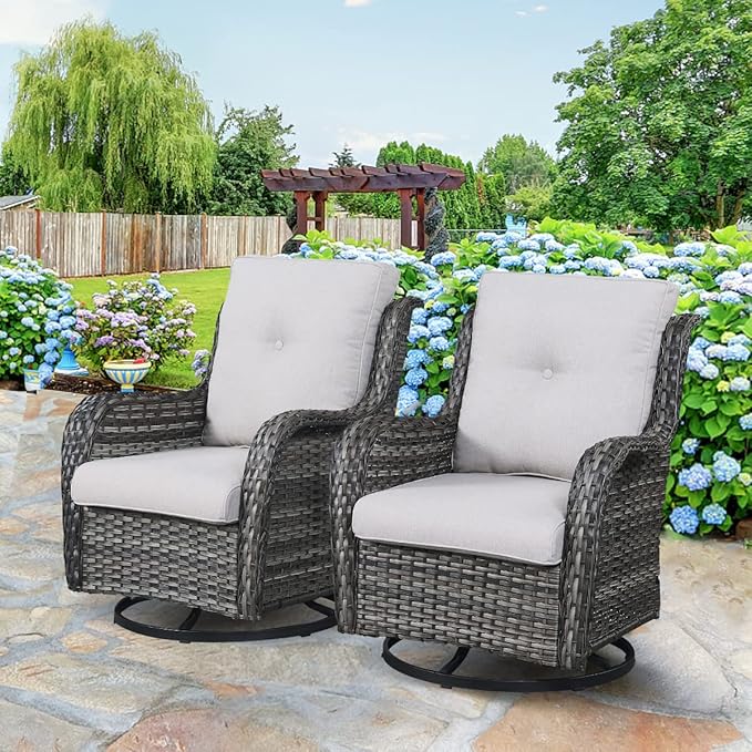 HUMMUH 4 Piece Outdoor Patio Furniture Set Wicker Conversation Bistro Set Swivel Rocker Chairs with 2pcs Ottomans for Backyard, Porch, Balcony
