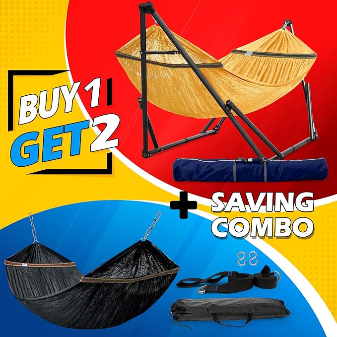 Tranquillo Combo x2 Hammocks with Stand for Outside & Tree Straps, Heavy Duty Hammock with Stand 600lbs for Indoor Outdoor Patio Backyard, x2 Hammocks for 2 Person (Combo - Yellow, Medium)