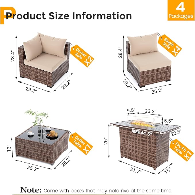 UDPATIO Furniture Set with Fire Pit Table, 8 Piece Sectional Sofas, All-Weather Wicker Conversation for Garden, Backyard, Khaki