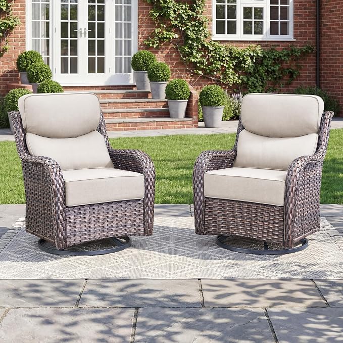 Luxury Swivel Rocker Chairs Set with 6" Thick Cushion - Wicker Outdoor Swivel Rocker Patio Chair High Back Comfortable Outdoor patio furniture set Glider Chairs set - Brown Wicker | Beige Cushions