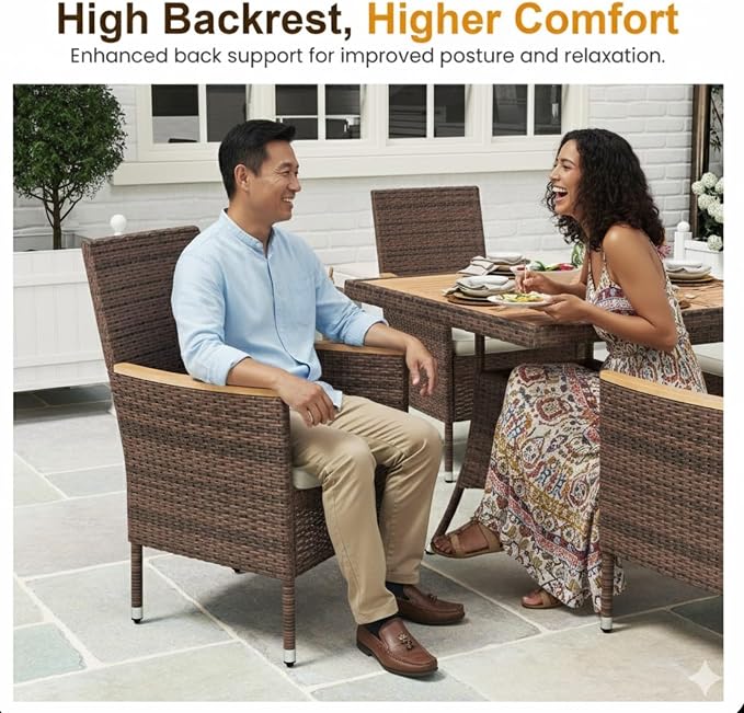 5-Piece Rattan Patio Dining Set with Acacia Wood Table 4 Armchairs and Cushions All-Weather Brown Wicker Outdoor Furniture Set for Backyard Deck Garden 35.4" Square Table