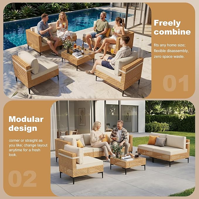 ABCASA 9-Piece Patio Sectional Furniture Set, 110" Wicker Outdoor Patio Furniture Sets with Anti-Slip Cushions & Coffee Table,Boho Patio Conversation Set Sectional for Backyard,Porch,Deck,Beige
