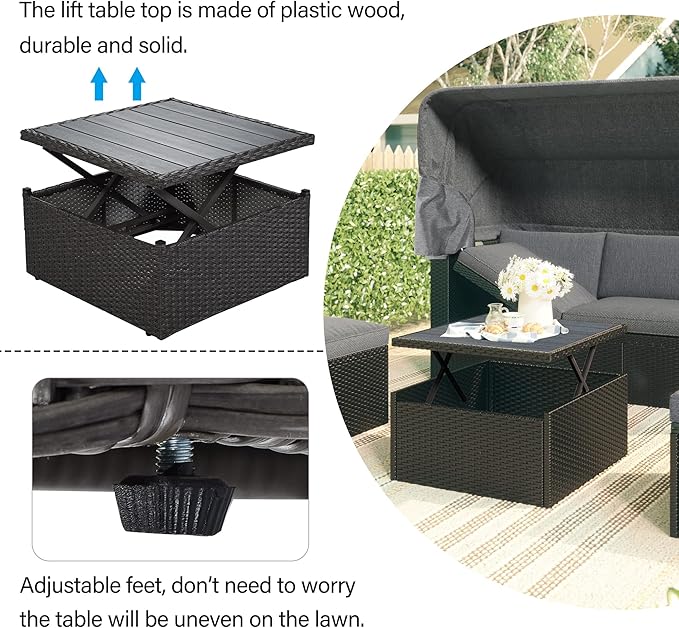 Bellemave Outdoor Daybed with Canopy Patio Furniture Set Wicker Rattan Outdoor Sofa Couch Nautica Backyard Sun Lounger Patio Conversation Set for Porch Garden Poolside, Gray