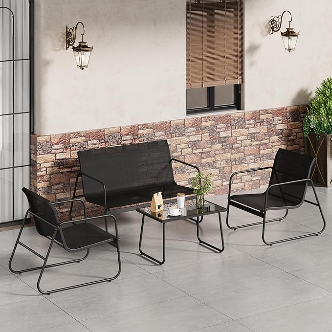 4 Piece Patio Conversation Set Textilene, Outdoor Conversation Set with Single Chairs and Glass Top Coffee Table, One Love Seat, Two Single Chairs and One Table