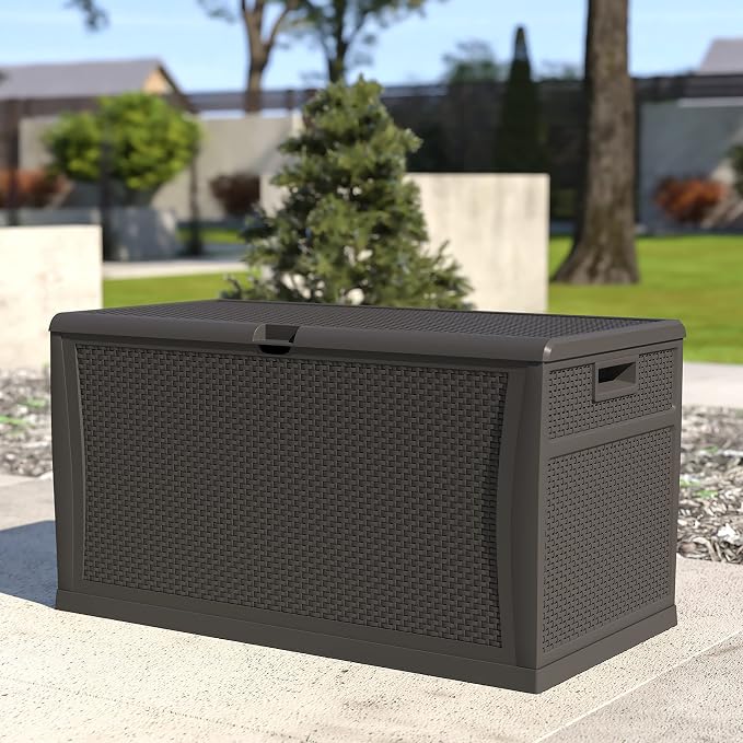 EMMA + OLIVER 120 Gallon Gray Plastic Deck Box for Outdoor Patio Storage & Deck Organization