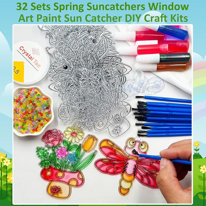32 Sets Spring Flower Suncatcher Kit Butterfly Suncatchers DIY Window Art Kit Paint Sun Catcher Ornaments for Spring Easter Home Activity Art Craft Project Birthday Party Favors