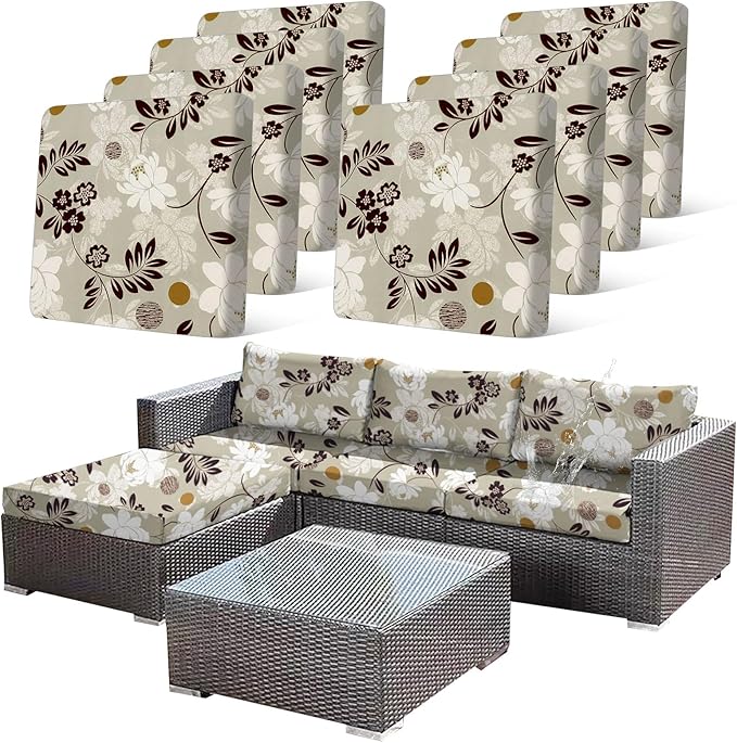 CALBODE 8 Pcs Waterproof Patio Cushion Covers, Floral Printed Stretch Outdoor Sofa Cover for Patio Furniture, Washable Chair Covers Reusable Furniture Protector for Fall Decor (Brown, Cover Only)