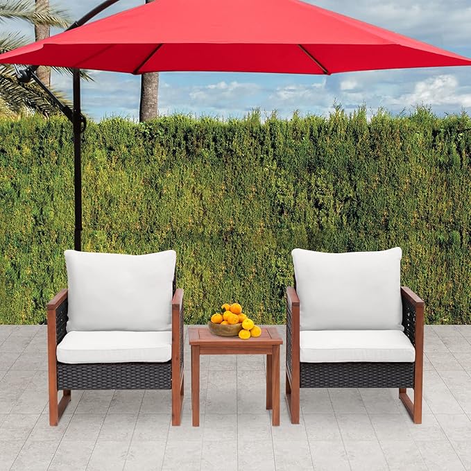 Patio Furniture 3-Piece Acacia Wood Patio Bistro Set Outdoor Chat Conversation Table Chair Set with Water Resistant Cushions and Coffee Table for Beach Backyard Garden,Khaki Cushion