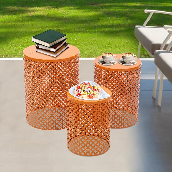 Set of 3 Outdoor Side Table, Garden Stool for Patio, Metal Accent Table Modern End Table, Patio Side Table for Garden, Balcony, Bedroom Indoor Outdoor Decorative, Terracotta Orange