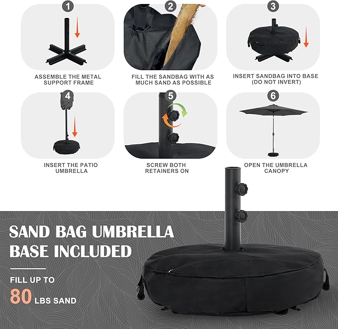 Sundale Outdoor Solar 80 LED 9 ft Patio Umbrella with Sand Bag Umbrella Base, Outdoor Umbrella with Tilt and Crank, Dark Grey