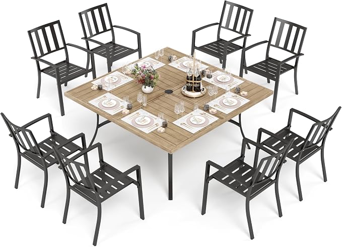 PHI VILLA Outdoor Dining Set for 8,57.5" Wood-Like Metal Table | Brown Square Metal Steel Table&Stackable Wrought Iron Chairs,Patio Furniture Set for Patio, Deck, Yard, Porch