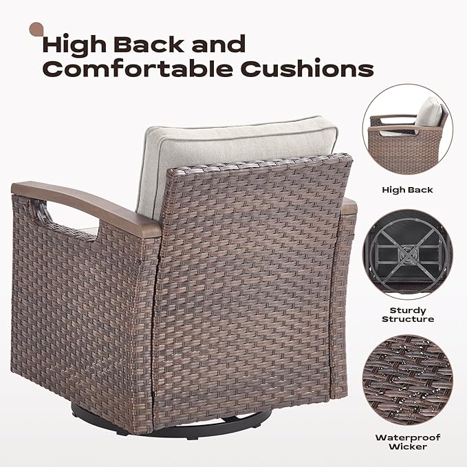 Rilyson Wicker Outdoor Patio Furniture Set - 5 Piece Patio Conversation Sets with Swivel Rocker Chairs, Ottomans and Side Table, Thick Cushions, Waterproof Wicker, for Porch Deck Brown/Beige