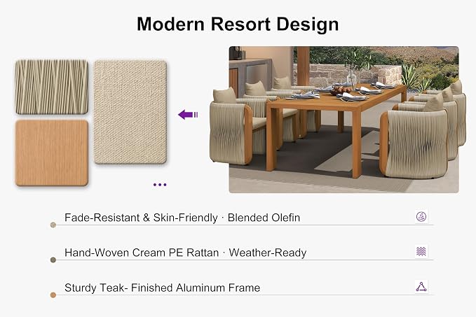 PURPLE LEAF Outdoor Dining Set for 6 with Blended Olefin Cushion Aluminum Luxury Patio Furniture Table and Chairs Set All Weather Wicker Patio Dining Sets for Backyard Garden Deck Pool, Teak