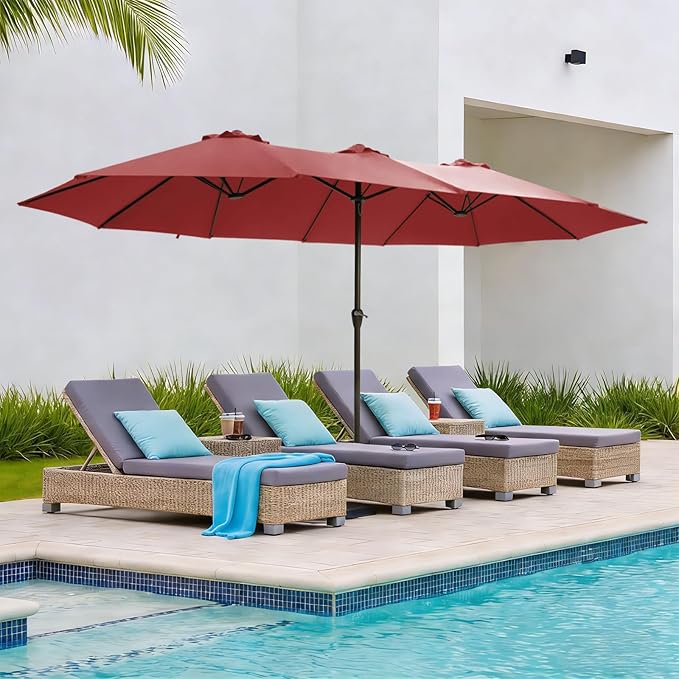 15FT Large Patio Umbrellas with Base Included, Outdoor Double-Sided Rectangle Big Market Umbrella with Stand, Outside Umbrellas for Poolside Lawn Backyard,Red