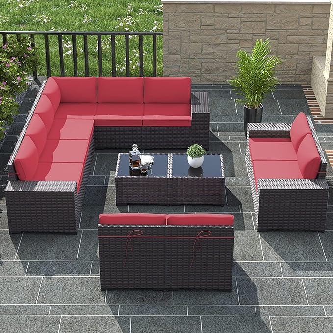 12 PCS Outdoor Patio Furniture Set,Outdoor Sectional Furniture All Weather PE Rattan Wicker Patio Conversation Set with 2 Coffee Tables and 10 Thickened Cushions,Red