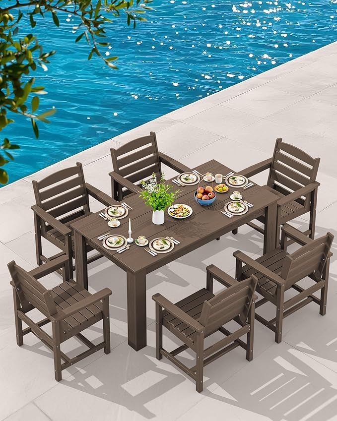 SERWALL Patio Dining Set for 6, Outdoor Dining Sets for 6 Person with 1 Umbrella Hole Cut-Out Rectangular Table and 6 Chairs, HDPE Dining Sets for Garden, Backyard, Poolside, Coffee