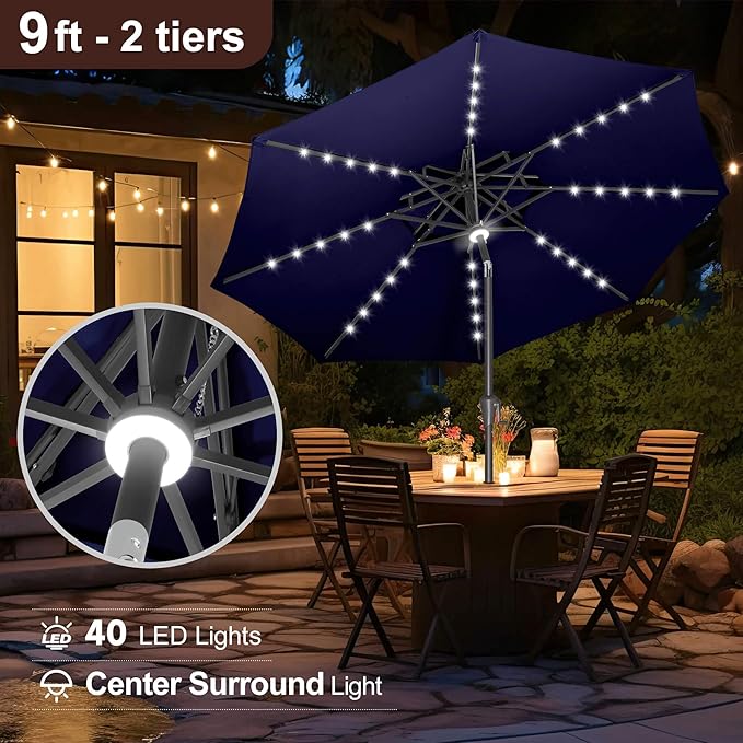 FLAME&SHADE 2 Tiers 9ft Solar Light Patio Umbrella, 40 LED lights outdoor umbrella with Centre Surround Light, Table Market Umbrella for Deck, Pool, Porch, Backyard, Garden (Navy Blue)
