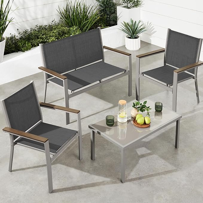 Best Choice Products 4-Piece Outdoor Textilene Patio Conversation Set, Backyard Furniture w/Loveseat, Coffee Table, Steel Frame - Taupe/Charcoal
