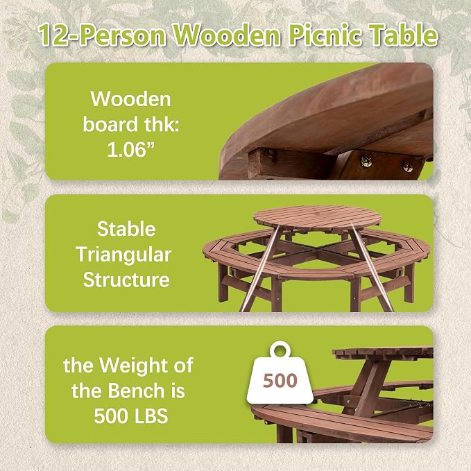 Thanaddo 12-Person Outdoor Circular Wooden Picnic Table, Camping Dining Table with Built-in Benches, Outside Table Set with Umbrella Hole for Garden Patio Backyard,Brown
