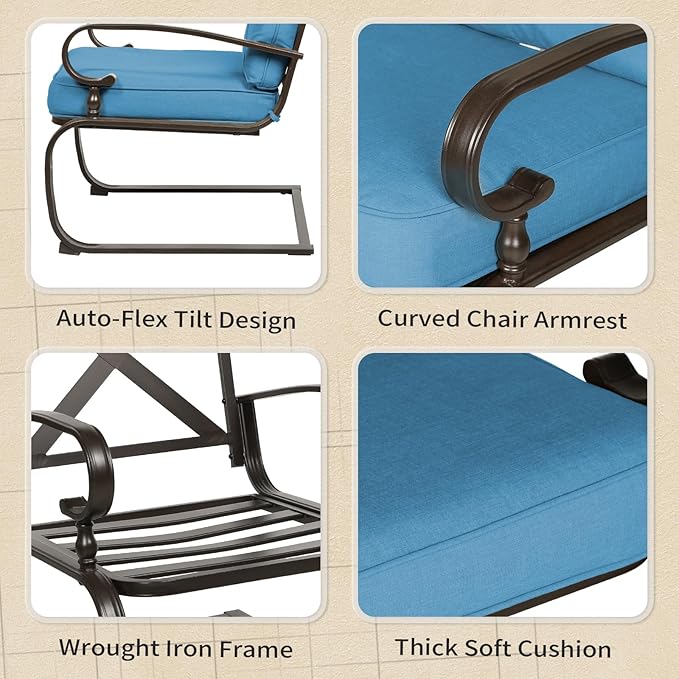 Oakcloud 7Pcs Metal Outdoor Furniture Patio Conversation Set (Loveseat, Coffee Table and Bistro Table, 2 Spring Chair, 2 Dining Chair) -Wrought Iron Patio Chair Set with Cushions (Blue)