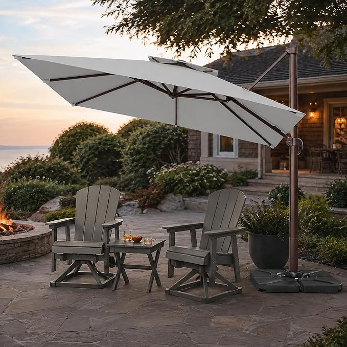 10FT Cantilever Patio Umbrella with Solar Lights, Large Outdoor 2 Tier Aluminum Offset Square Umbrellas 360 Degree Rotation for Garden Deck Pool