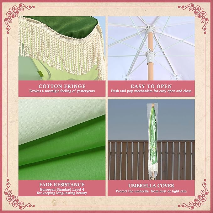 LAGarden Fringe Patio Umbrella with Carry Bag & Cover Vintage Wood for Event Outdoor Garden Yard Wedding Bistro Table