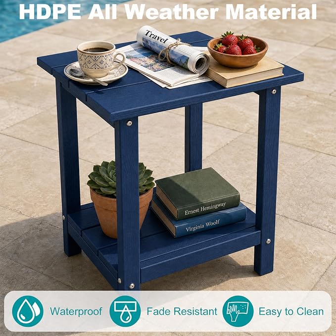 Outdoor Side Table with Storage Shelf, 2-Tier Patio Side Table, HDPE All Weather Outdoor End Tables for Adirondack Chair, Small Patio End Table for Backyard Porch Lawn Poolside, Dark Blue