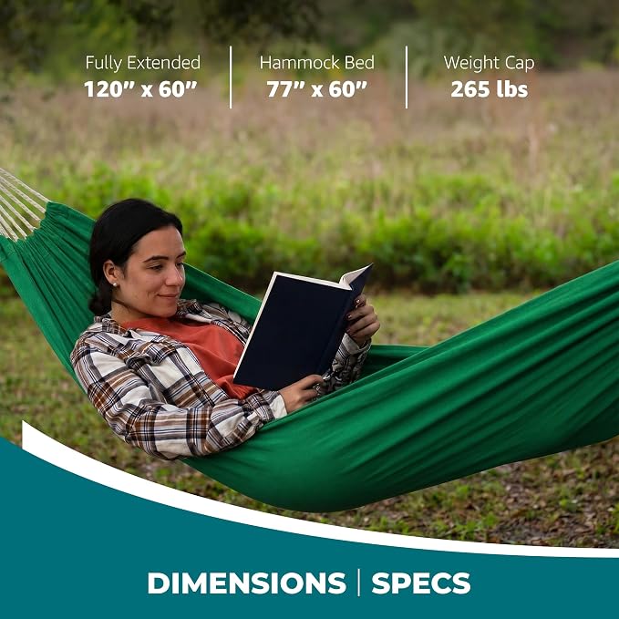 Bliss Hammocks 60" W Double Outdoor Hammock with Hand-Woven Rope Loops & Tree Straps, Patio, Durable, Cotton/Polyester, 265 Lbs Capacity, Green