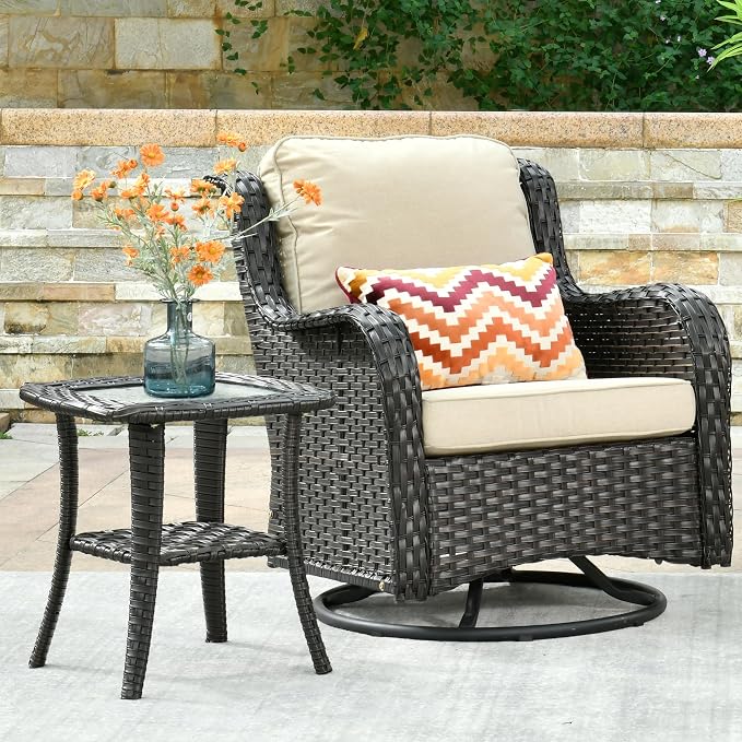 ovios Outdoor Side Table with Tempered Glass Top, Patio Wicker Rattan Bistro Coffee Tables with 2 Tiers Storage for Porch Deck Balcony Garden Poolside, Brown