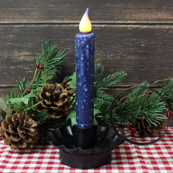 CVHOMEDECO. Real Wax Hand Dipped Battery Operated LED Timer Taper Candles Rustic Primitive Flameless Lights Decor, 6-3/4 Inch, Navy Blue, 3 PCS in a Package