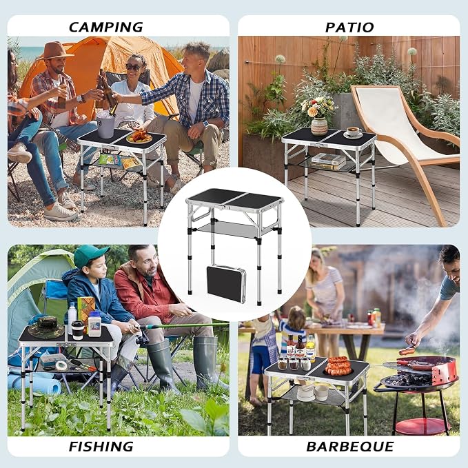 YihuiKo Folding Picnic Table with Storage Net, Black Folding Table 23.6" x 15.8", Adjustable Height Max 27.5", Lightweight Portable for Camping Travel Indoor