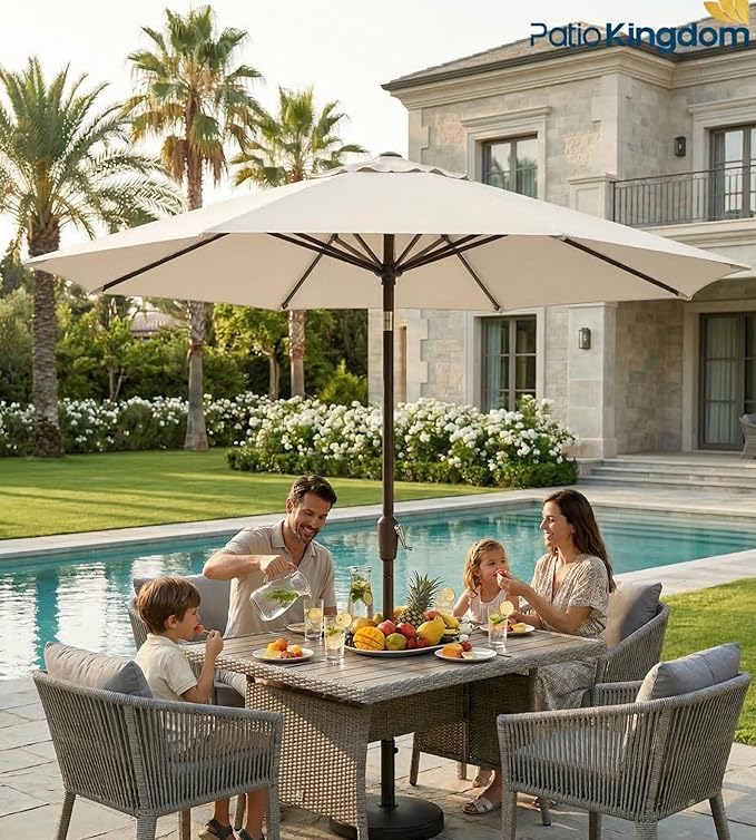 PatioKingdom 9FT Patio Outdoor Umbrella-UPF 50+ Sun Shade with Wind Vent, Push-Button Tilt & Smooth Crank Lift, Rust-Resistant Fiberglass Frame for Garden, Backyard,Yard (Creamy-white)
