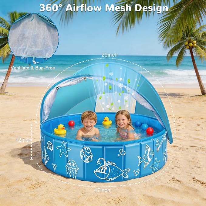 Foldable Kiddie Pool with Removable Canopy, 47in Portable Kids Swimming Pool for Baby Toddler, Summer Water Play Pool with Mosquito for Outdoor Backyard Beach