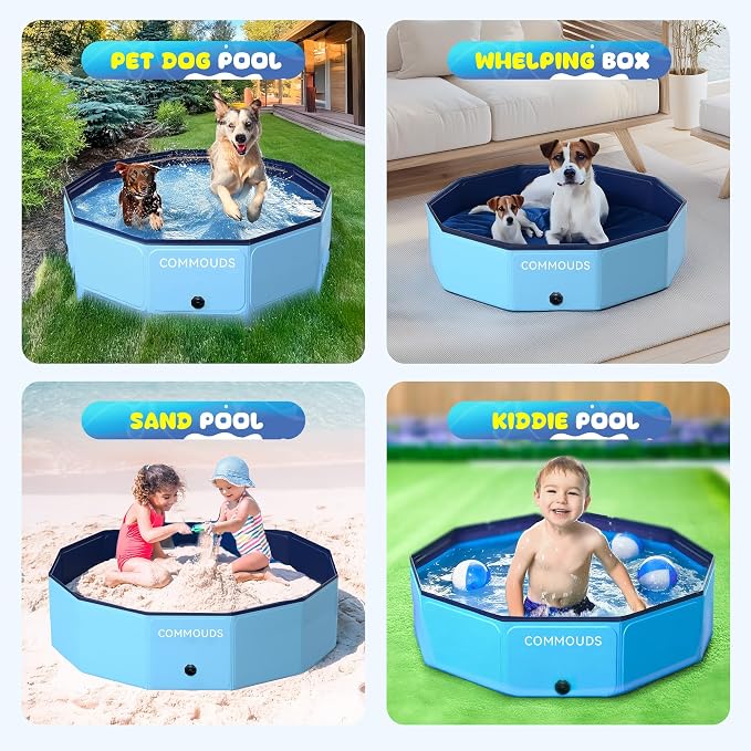 COMMOUDS Foldable Dog Pool, Hard Plastic Dog Kiddie Swimming Pool, Collapsible Pet Bath Tub Wading Pools for Kids and Puppy Small Medium Large Dogs(40inch.D x 8inch.H)