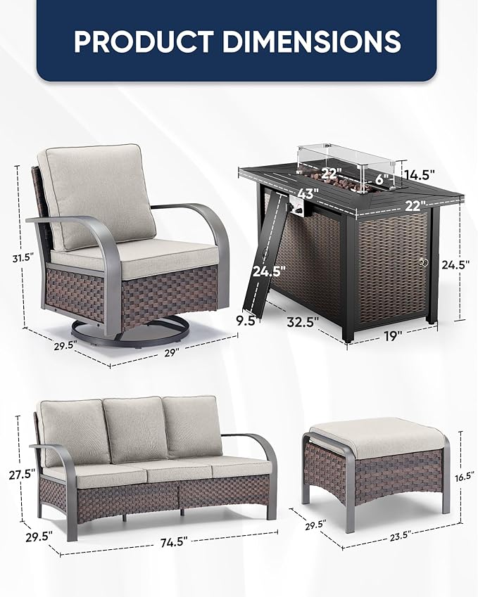 HUMMUH Patio Conversation Sets with Fire Pit-All Weather Wicker Outdoor Swivel Chair with Patio Couch Outdoor Patio Furniture for Deck Porch Garden Poolside Backyard-Brown/Beige