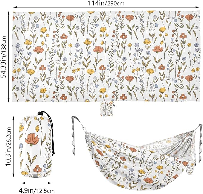 Camping Hammock Outdoor Hammocks for Outside Wildflowers Hand Drawn Beach Trees Portable Lightweight with Pockets Tree Straps Indoor