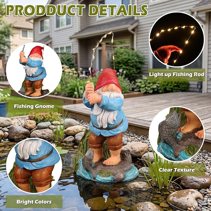 EXYGLO Solar Gnome Garden Statue Decor, 8.5" Fishing Gnome Outdoor Funny Decoration for Lawn, Patio, Yard, and Unique Housewarming, Birthday Ornament Gift for Mother, Friend, Family