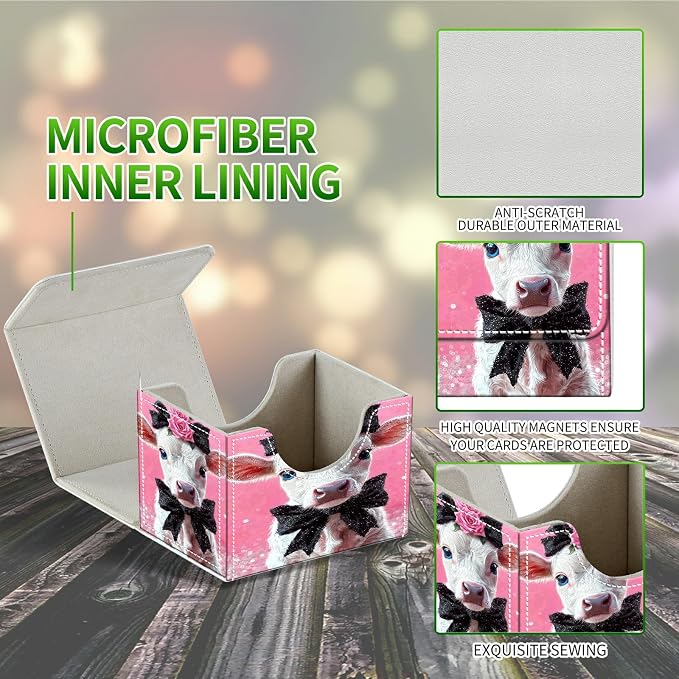 Card Deck Box for MTG, Cards Storage Box Fits 120+ Sleeved, Leather Small Size Strong Magnetic Closing Card Case for Board Games Magic TCG CCG Baseball Collection, Pink Flower White Cow