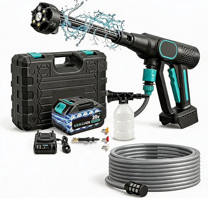 20V Cordless Pressure Washer, 320 PSI 2.5 GPM Portable Power Cleaner with 4.0Ah Battery, 6-in-1 Nozzle, 23ft Hose, Foam Cannon, for Car Patio Yard Cleaning