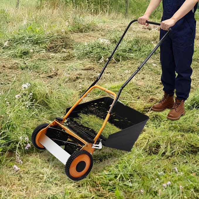 Manual Push Lawn Mower with Grass Catcher, Adjustable Cutting Height, 2 Wheels, Eco-Friendly for Home Gardens Backyards Lawns & Small Yards (14, Inches)