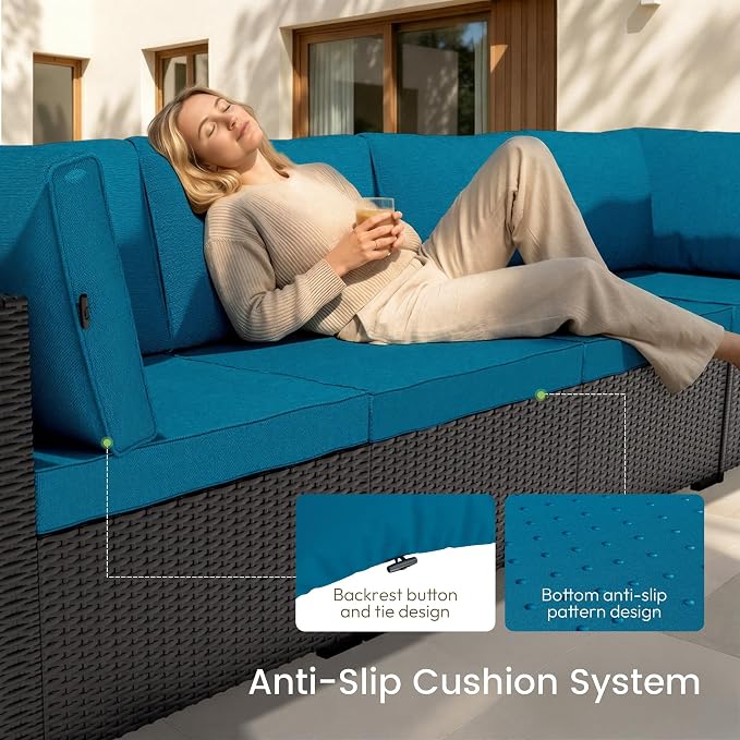 Patio Furniture Set - All-Weather - 7 Piece Patio Outdoor Conversation Set, Modular Wicker Rattan Sectional Sofa for Backyard, Garden, Poolside, Balcony, Porch, Patio,Black/Peacock Blue