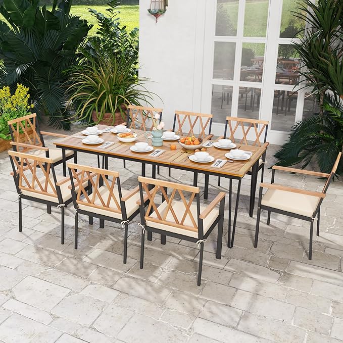 HAPPYGRILL Patio Dining Table for 8, 79" Rectangle Table with Acacia Wood Tabletop & Heavy Duty Metal Frame, Outdoor Dining Table with 2" Umbrella Hole for Backyard, Lawn & Garden