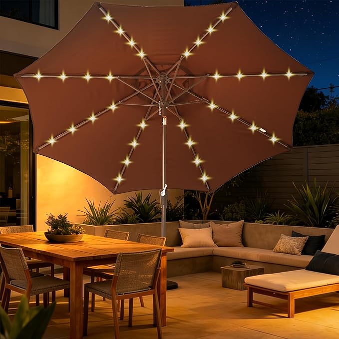 9FT Solar-Powered LED Patio Umbrella with Tilt Crank,Outdoor Market Umbrella with 32 Lights,Sunshade for Deck, Garden and Pool