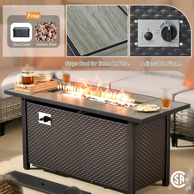 Rattan Patio Furniture Set with Fire Pit,10 Pieces Outdoor Sectional with Single Chair Ottoman,Out Door Furniture Conversation Set,Dark Grey