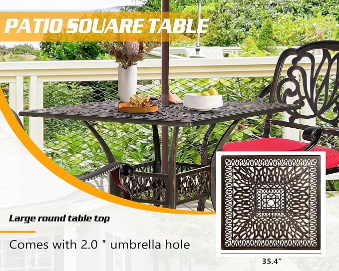 TITIMO 5-Piece Outdoor Patio Dining Set,Cast Aluminum Furniture Patio Conversation Set All-Weather Includes Square Table with Umbrella Hole for Patio Garden Deck, Flower Design (Red)