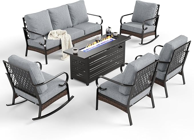 6 Piece Black Metal Outdoor Patio Furniture Sets with Firepit Table, Patio Conversation Sets 1 3-Seater Sofa, 2 Leg Sofa and 2 Rocking Chair with 5.75" Cushion for Backyard Deck, Gray