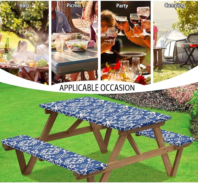 Vintage Flower Picnic Table Cover with Bench Covers Autumn Outdoor Camping Tablecloth Water and Oil Repellent Elastic Waterproof Picnic Table Cover 3 Piece Set for 6 Foot Tables