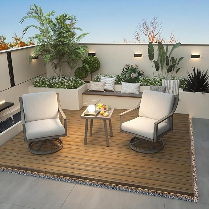 3-Piece Patio Conversation Set Aluminum Swivel for Outdoor Deck,(Grey) | Aluminum Outdoor Conversation Set Includes 1 Side Table and 2 Cushioned Swivel Rocker Chairs
