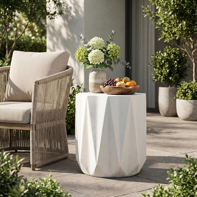 Concrete Side Table Outdoor Faux Stone Hourglass End Table, Round Outdoor Accent Table Patio Garden Stool Plant Stand for Porch, Backyard Patio Antique White 15.50"*17.75"